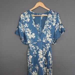 Floral blue silk wrap dress